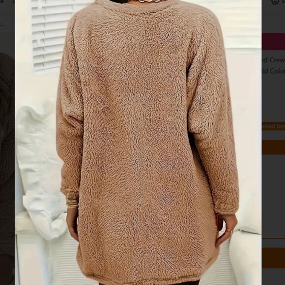 Cozy Crew Neck Long Sleeve Fleece Top with Two Front Pockets in Khaki. NWOT. - Picture 2 of 2